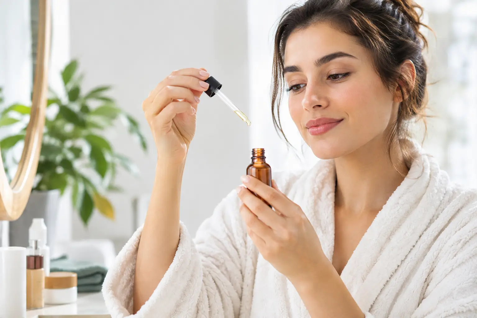 Elindeki damlalıklı serum şişesini inceleyen kadın; retinol kullanımına başlangıç görseli